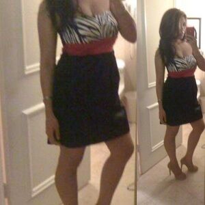 Strapless Mini Dress Zebra Print Red Ribbon Sash